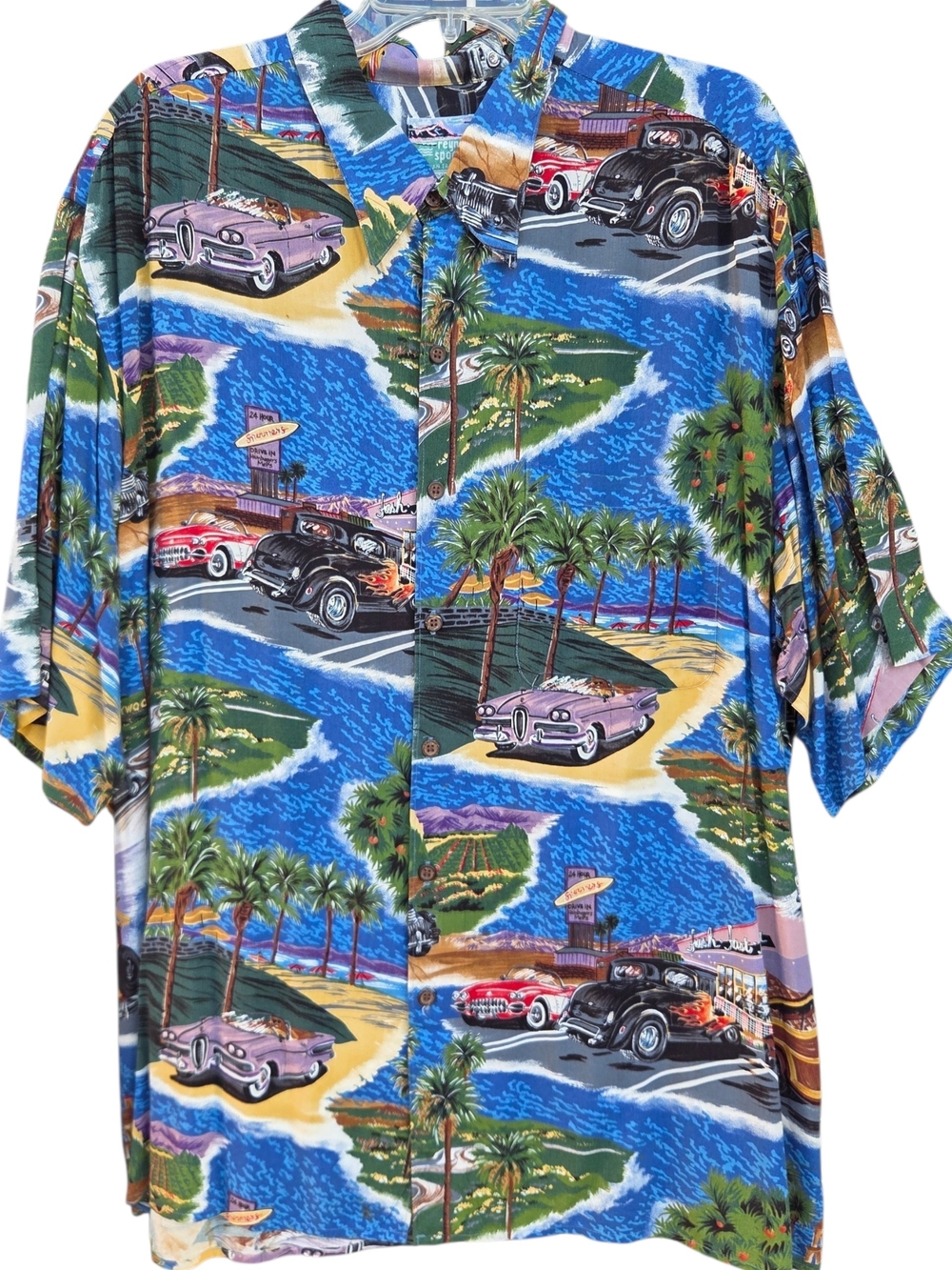 Vintage reyn spooner Blue Beach & Classic Car Hawaiian Button-Down Shirt